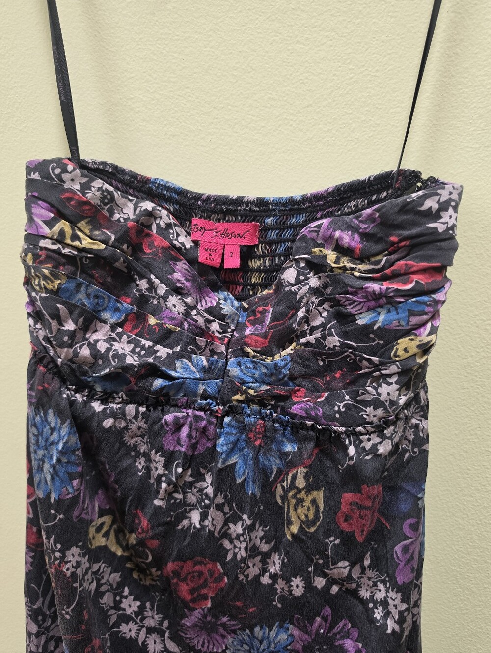 Betsey Johnson Vintage Y2K Silk Floral Ruffles Smocked Tulip Dress Fairy Black 2 - Picture 5 of 16
